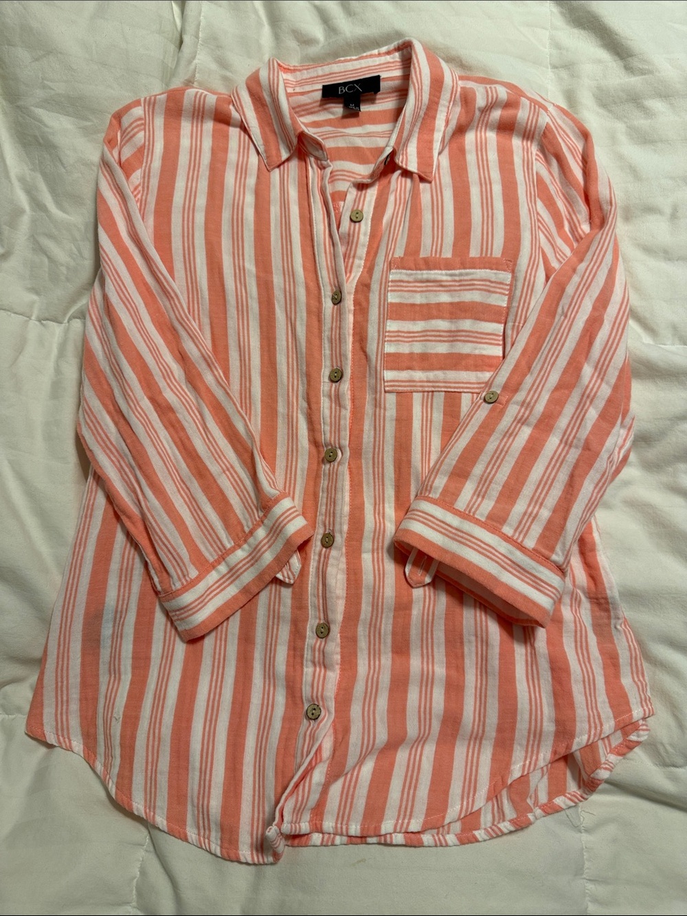 BCX - Coral and White Striped Button-Down Shirt - Medium